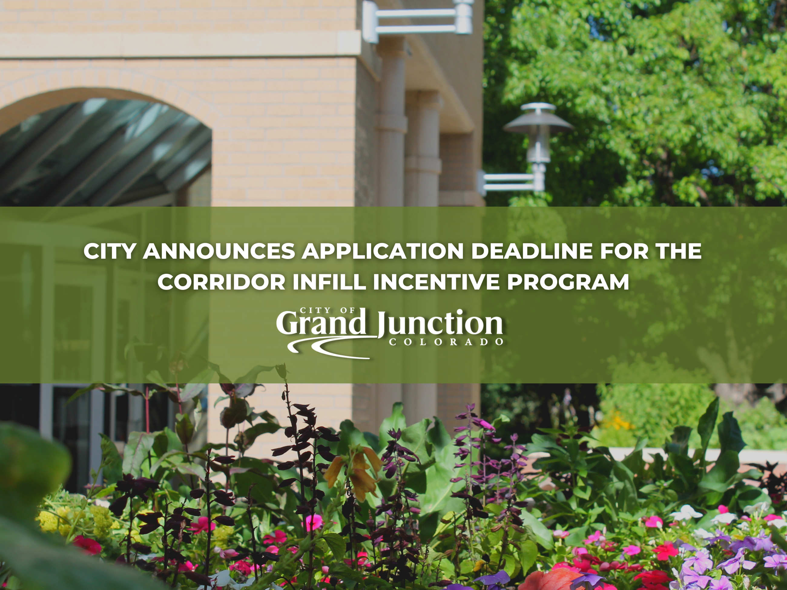 Flowers outside of building. Text on graphic. 