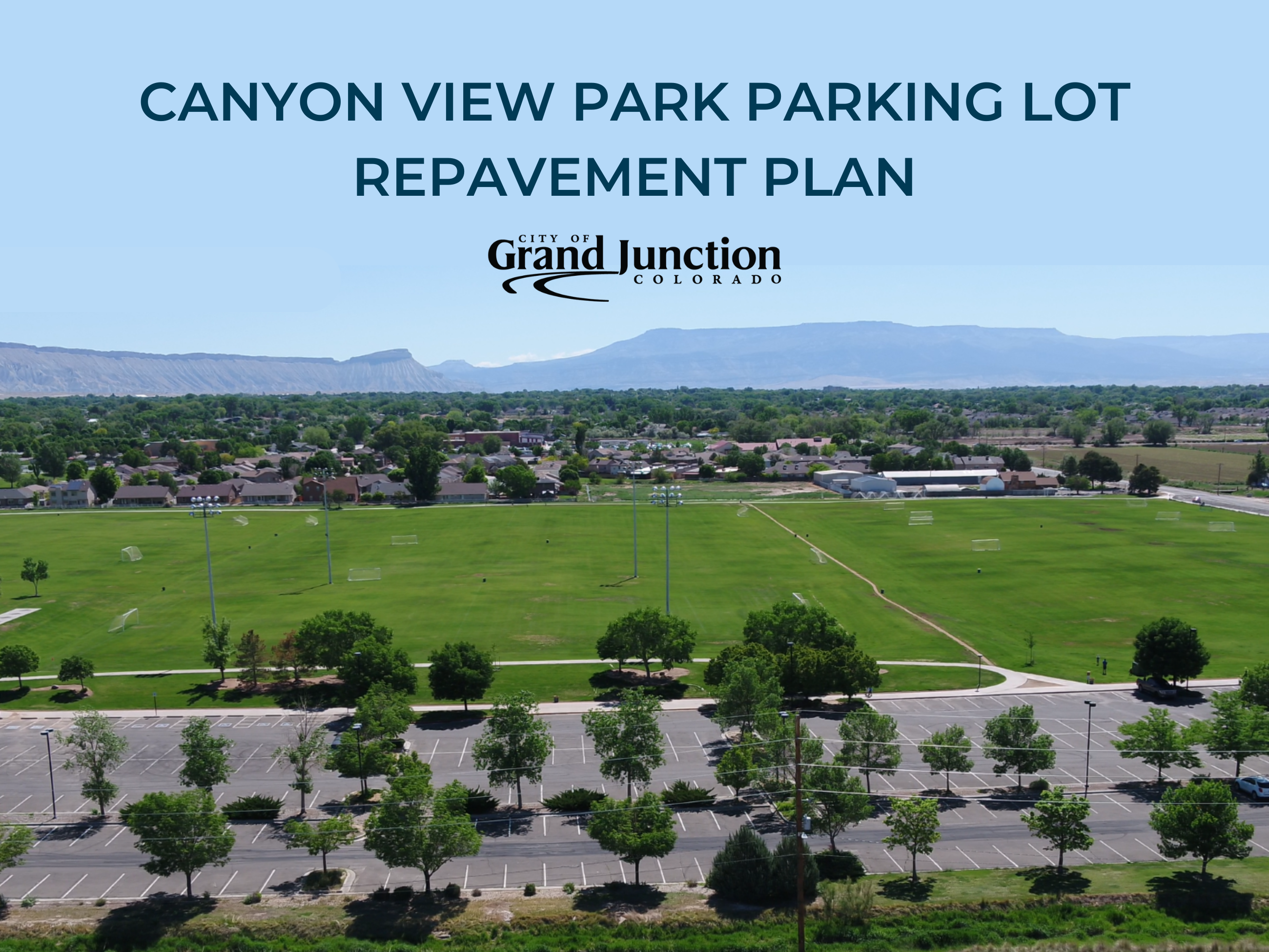 Overhead view of Canyon View Park and parking area. Outside. Text on graphic. 
