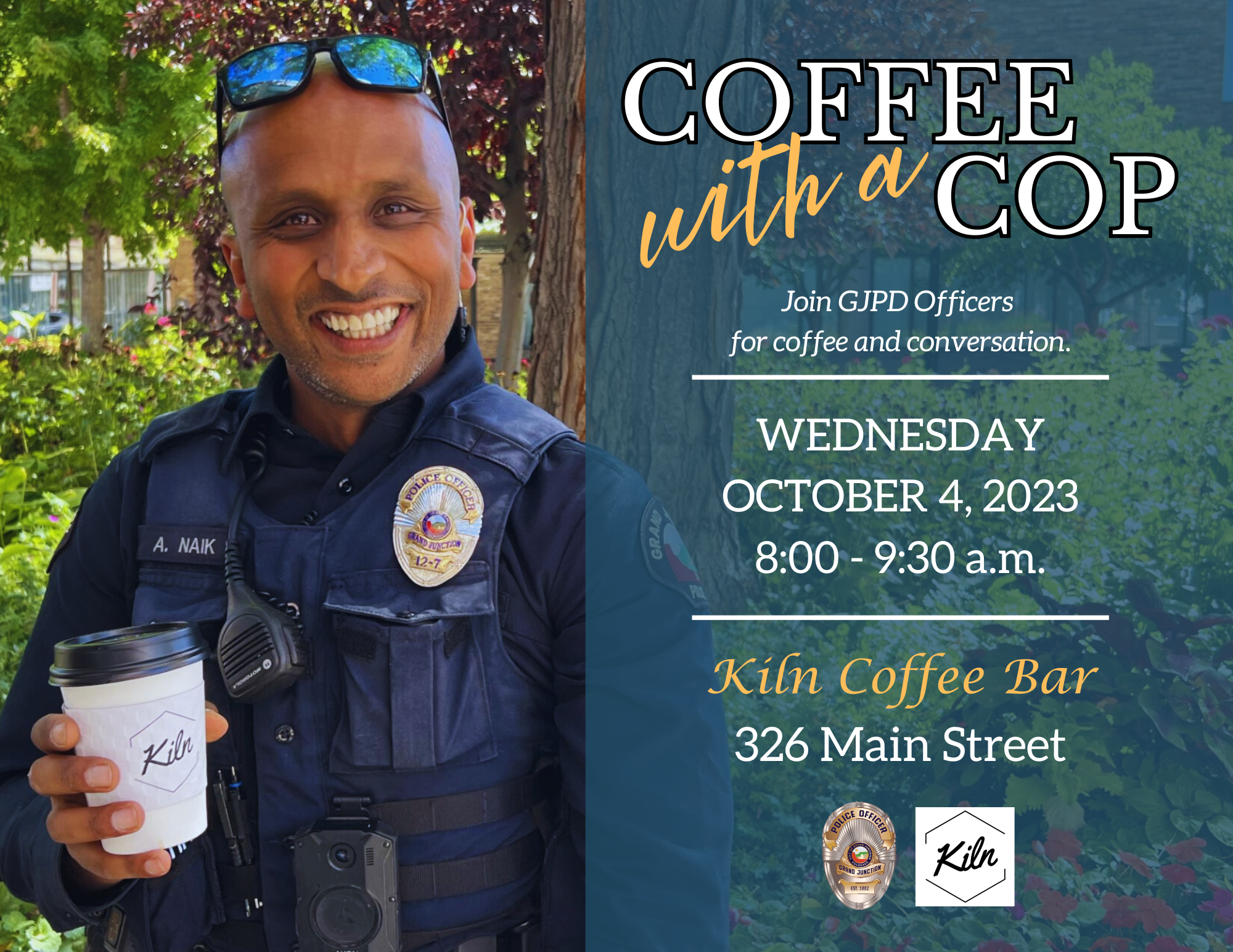 officer with cup of coffee advertising coffee with a cop event at Kiln Coffee Bar