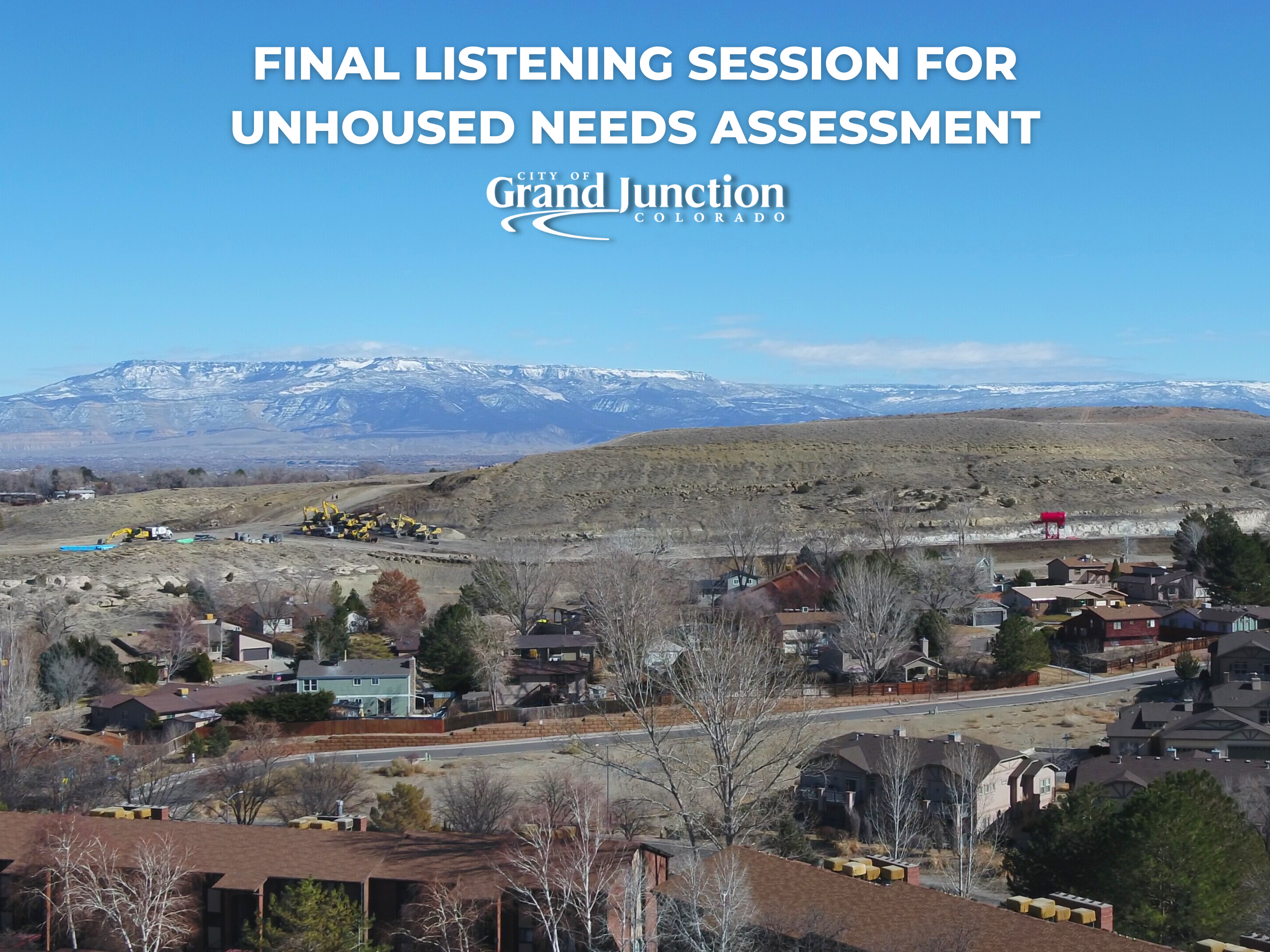 Ariel view of a mountain in the distant with a neighborhood of houses. Text on graphic. 