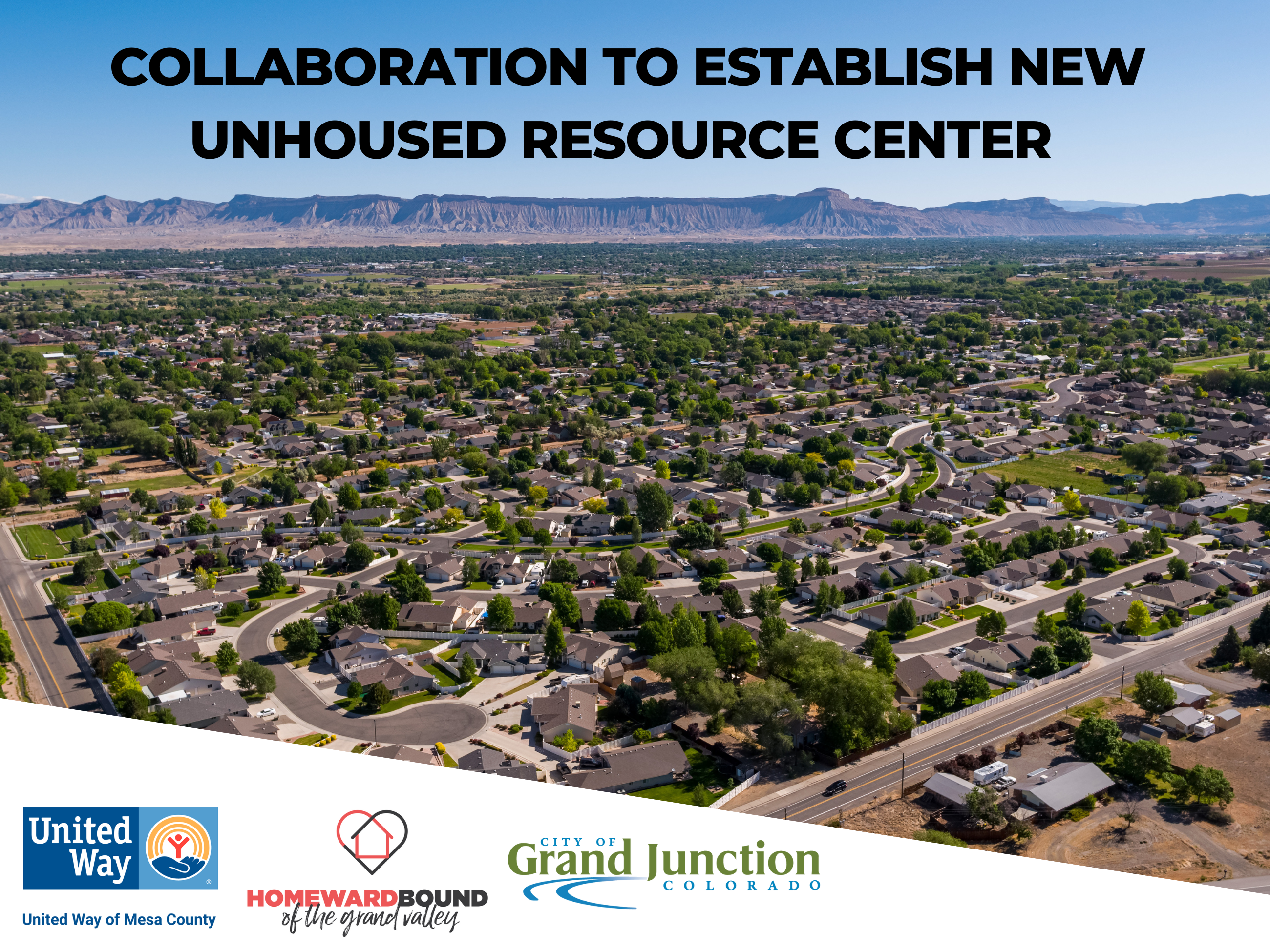 Ariel view of city with mountain in the background. Text and logos on graphic. 