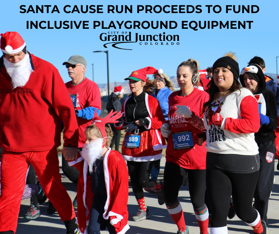 People dressed in red and white during a Santa Cause run. Text on graphic