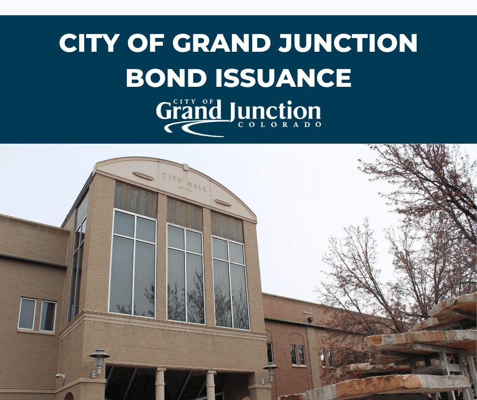 City Hall main building with tress and a statue. Text on graphic.