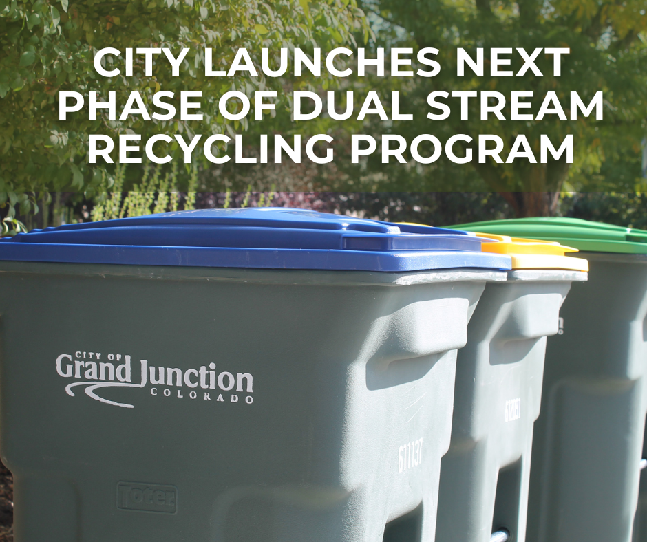 Three recycling bins with a blue, yellow and green lid. Text on graphic. 
