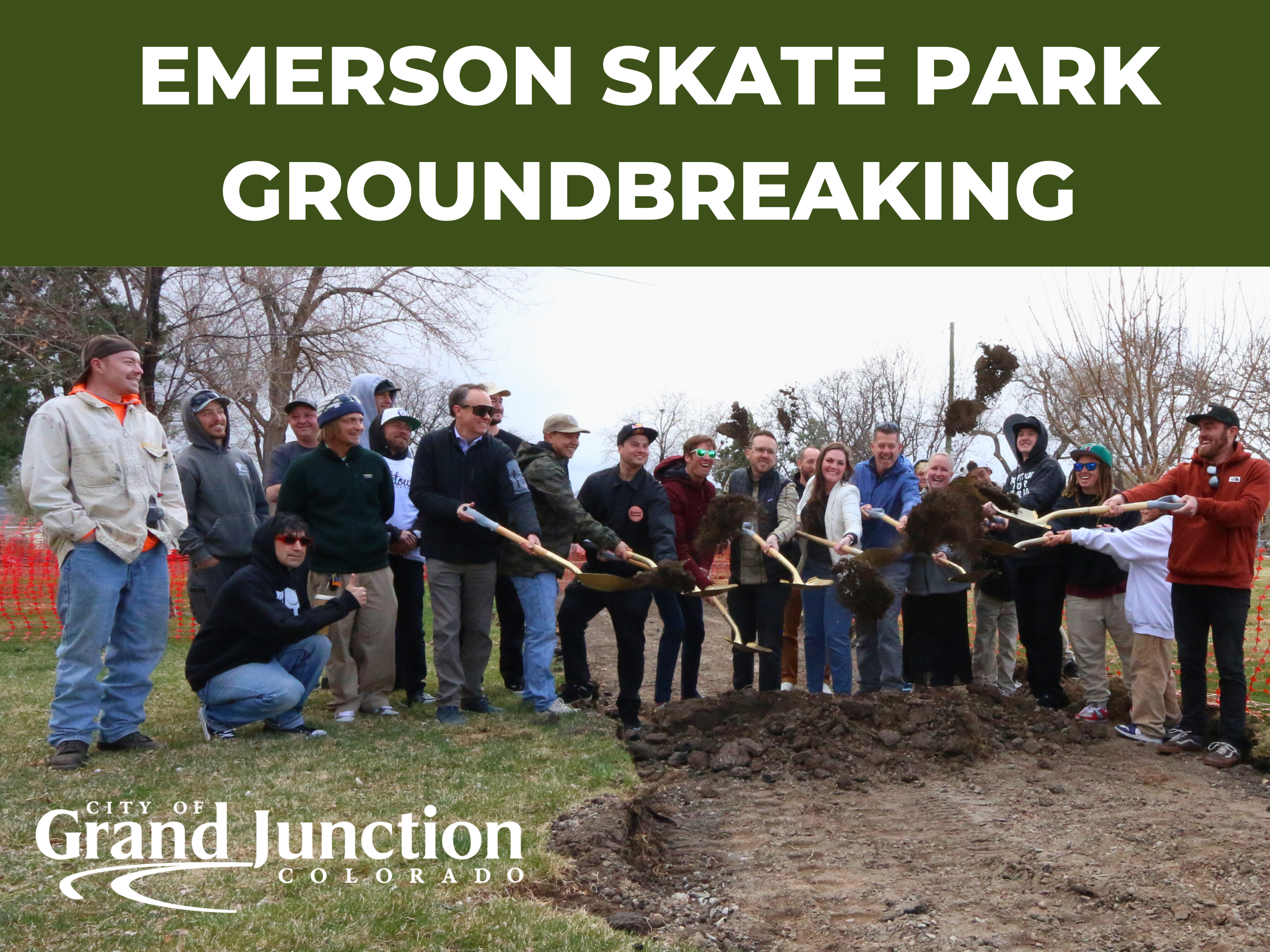 People attending a groundbreaking event holding shovels and throwing dirt. 