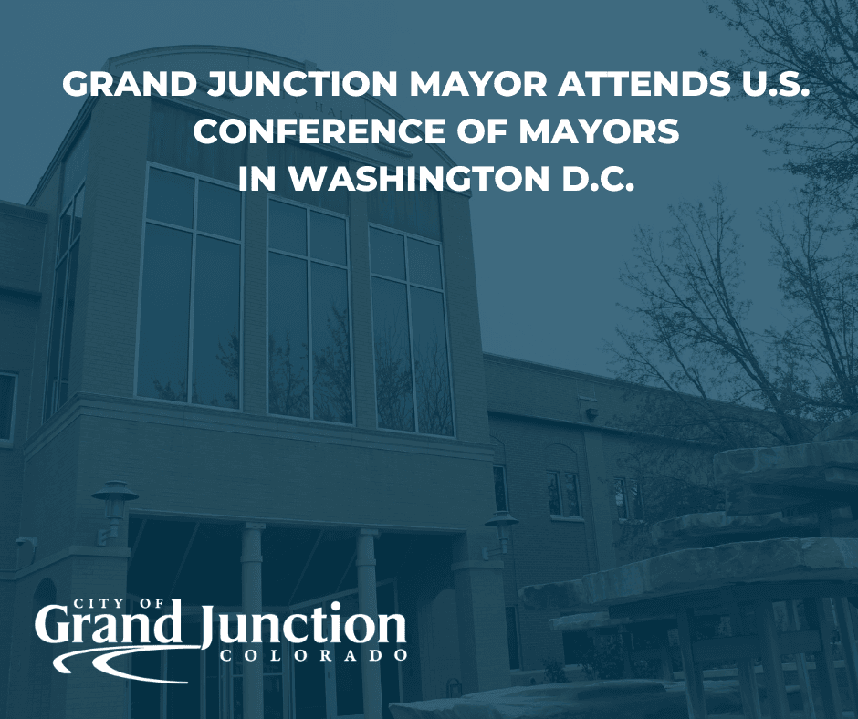 The front of the City Hall building with a statue on the right side of the photo. Text on graphic. 