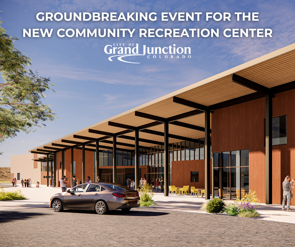 A mock up of the entrance for the new Community Recreation Center. Text on graphic.  