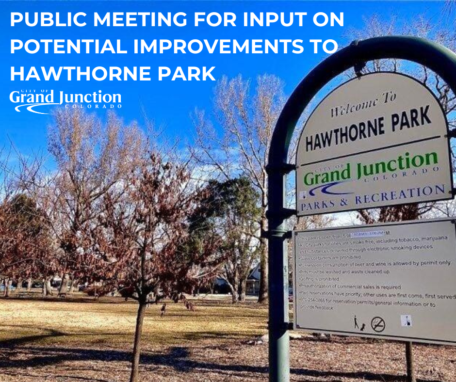 A sign at Hawthorne Park with trees in the background. Text on graphic. 