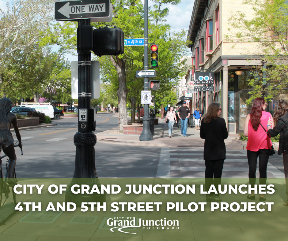 A crosswalk at the downtown intersection on 4th Street. Text on graphic. 