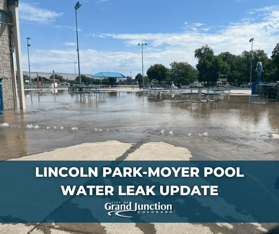 A pool with water on the concrete. Text on graphic. 