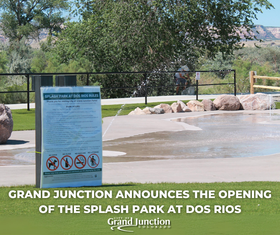 A sign near the entrance of a splash park. Text on graphic.  