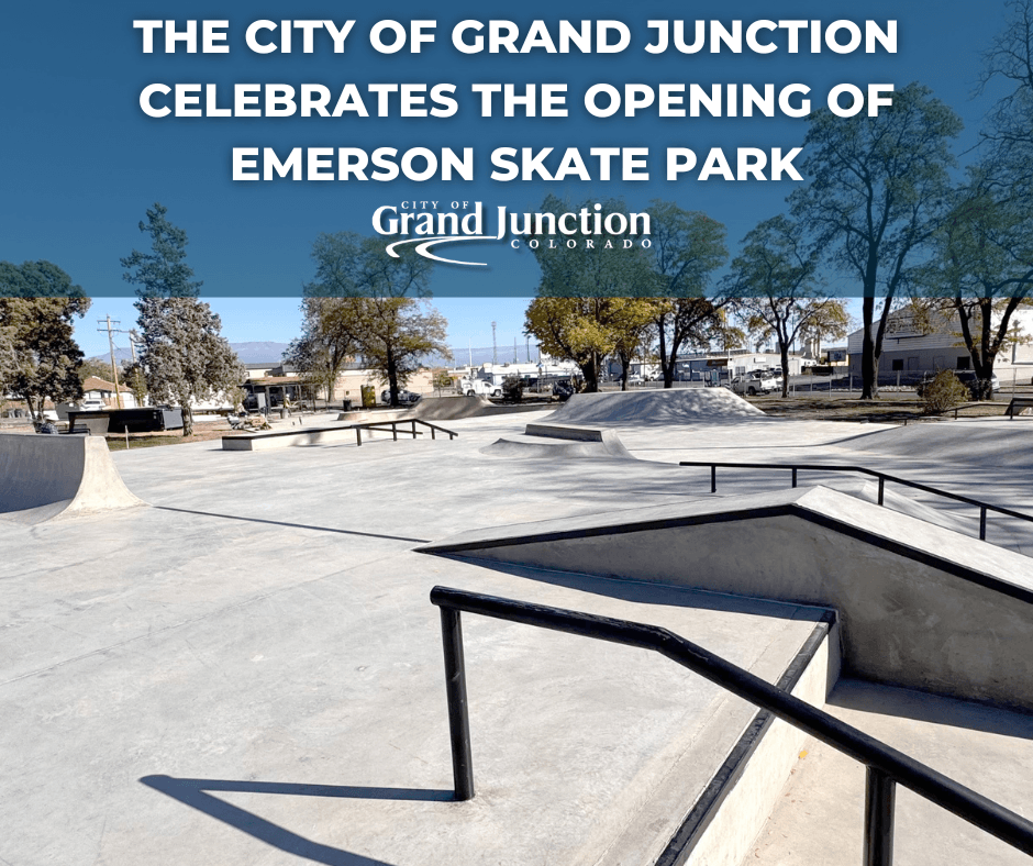 Ramps and obstacles at the newly complete Emerson Skate Park with text on the image