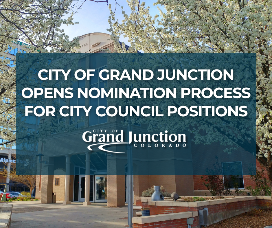 Exterior of Grand Junction City Hall during the spring with text on the image.