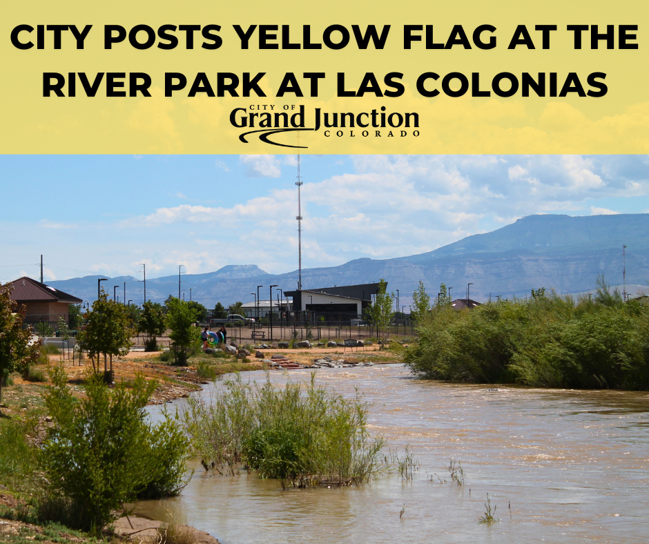 River Park at Las Colonias with text on graphic indicating Yellow Flag. 
