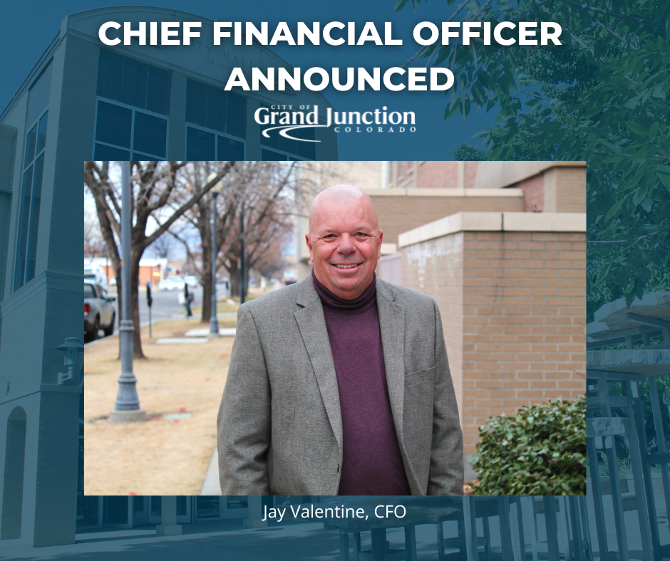 Exterior of City Hall. Employee photo of Jay Valentine CFO in middle of graphic. 