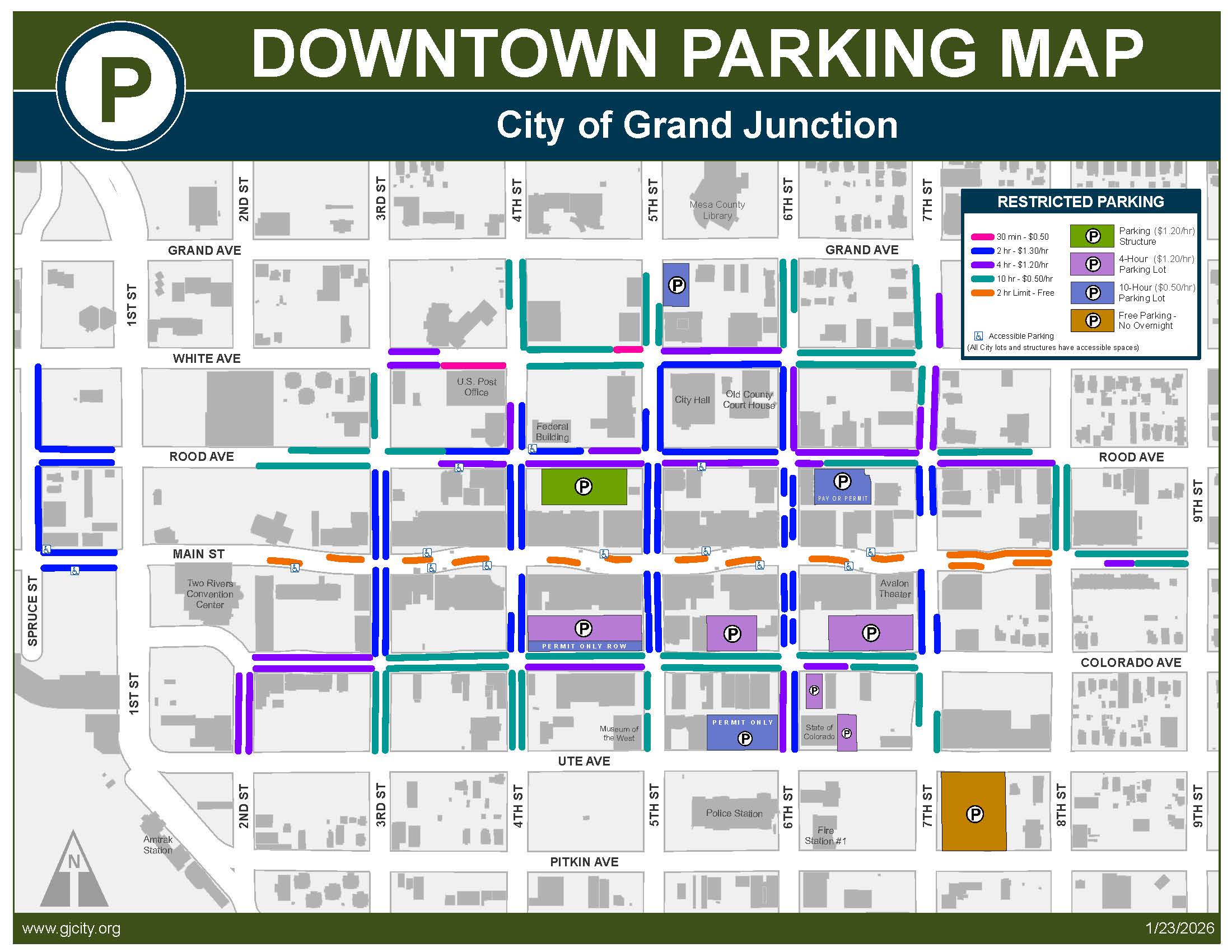 Map highlighting the parking spaces and lots in downtown Grand Junction