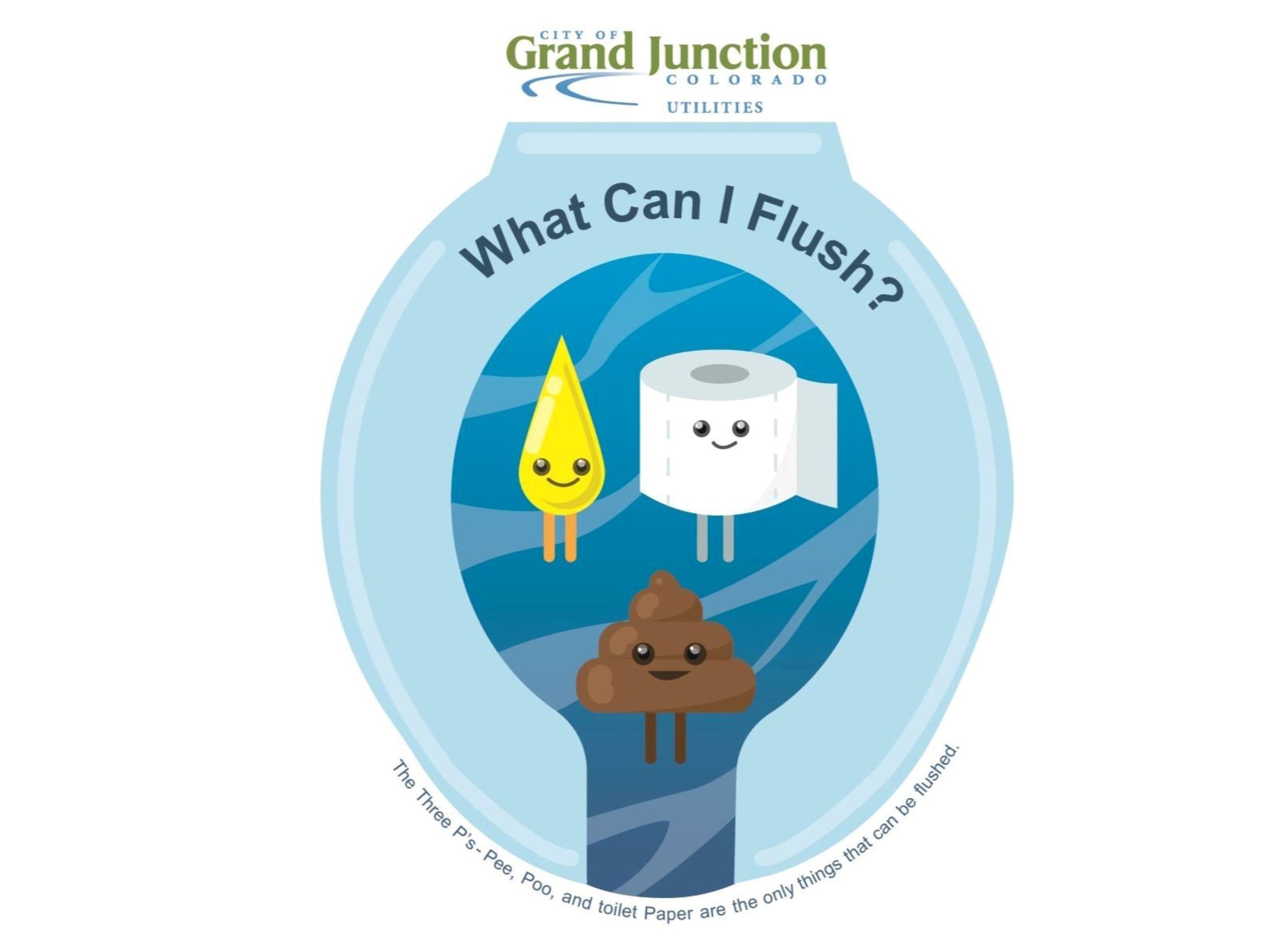 A toilet seat with cartoon representations of the "Three P's": Pee, Poo, and Toilet Paper