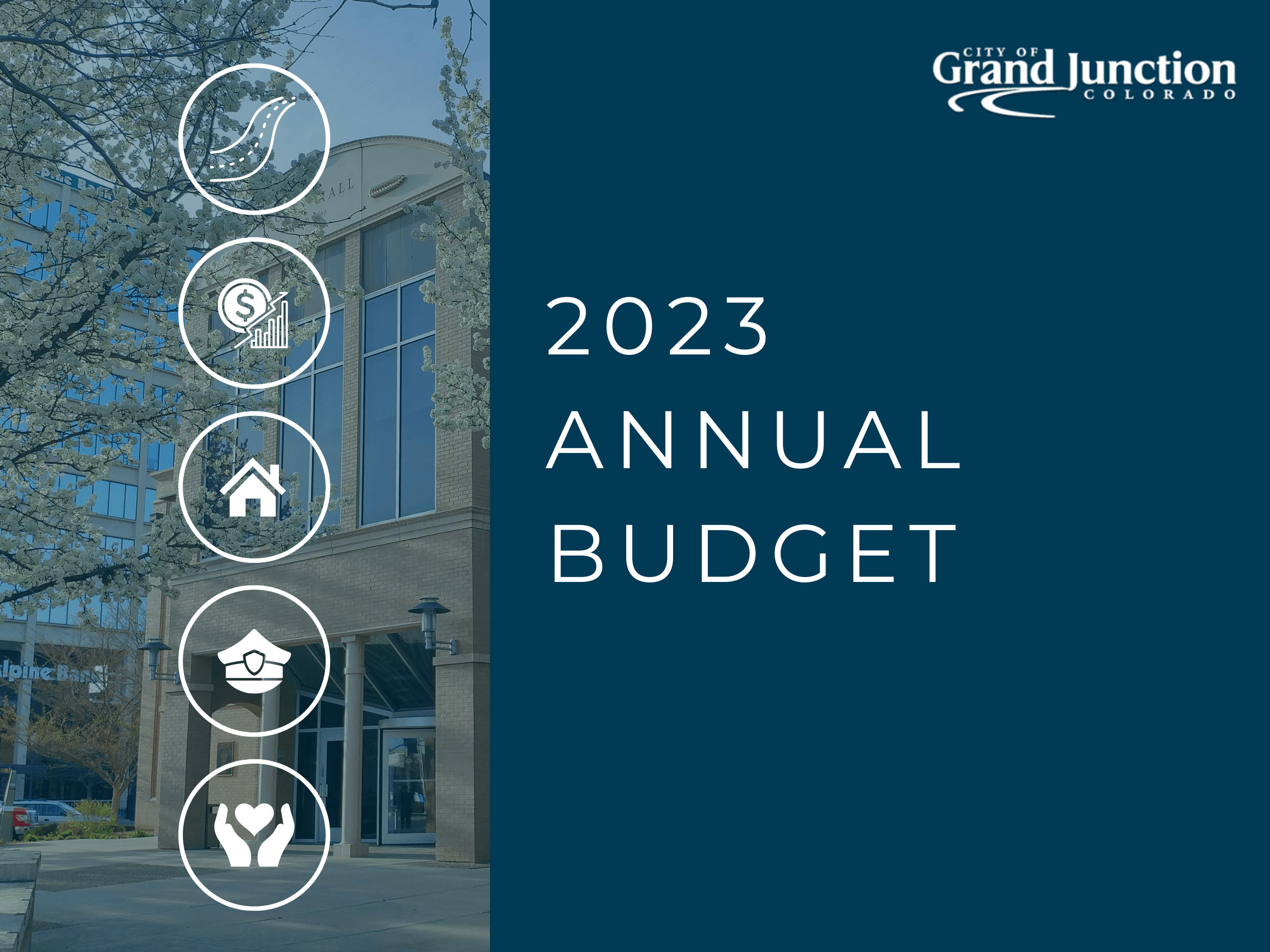 city hall with blue overlay and icons depicting strategic priorities