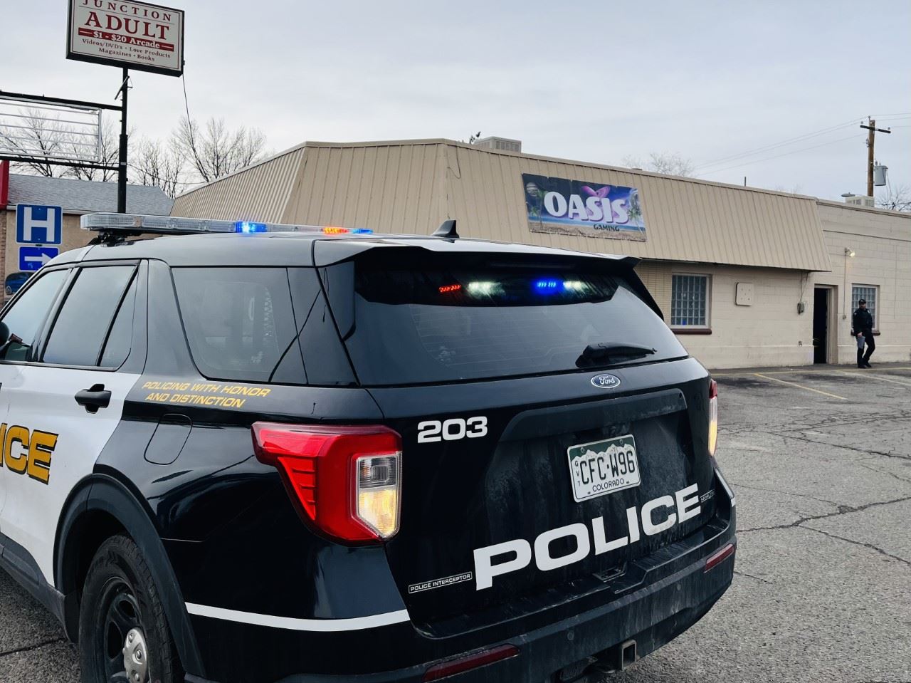 police car in front of business