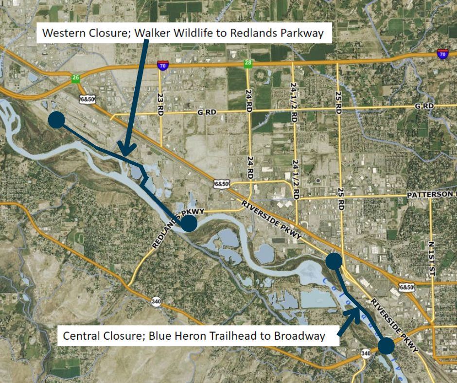 Aerial image of Riverfront Trail showing two closure points with navy color.