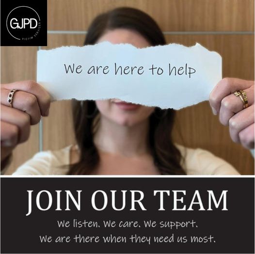 Victim Services Join Our Team photo with text: We are here to help. We listen. We care.